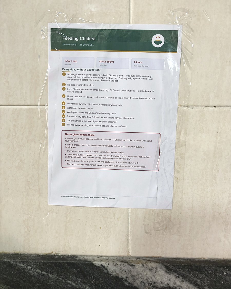The printed feeding card on Ifeyinwa's kitchen wall