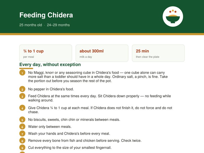 The feeding card with the child's name at the top